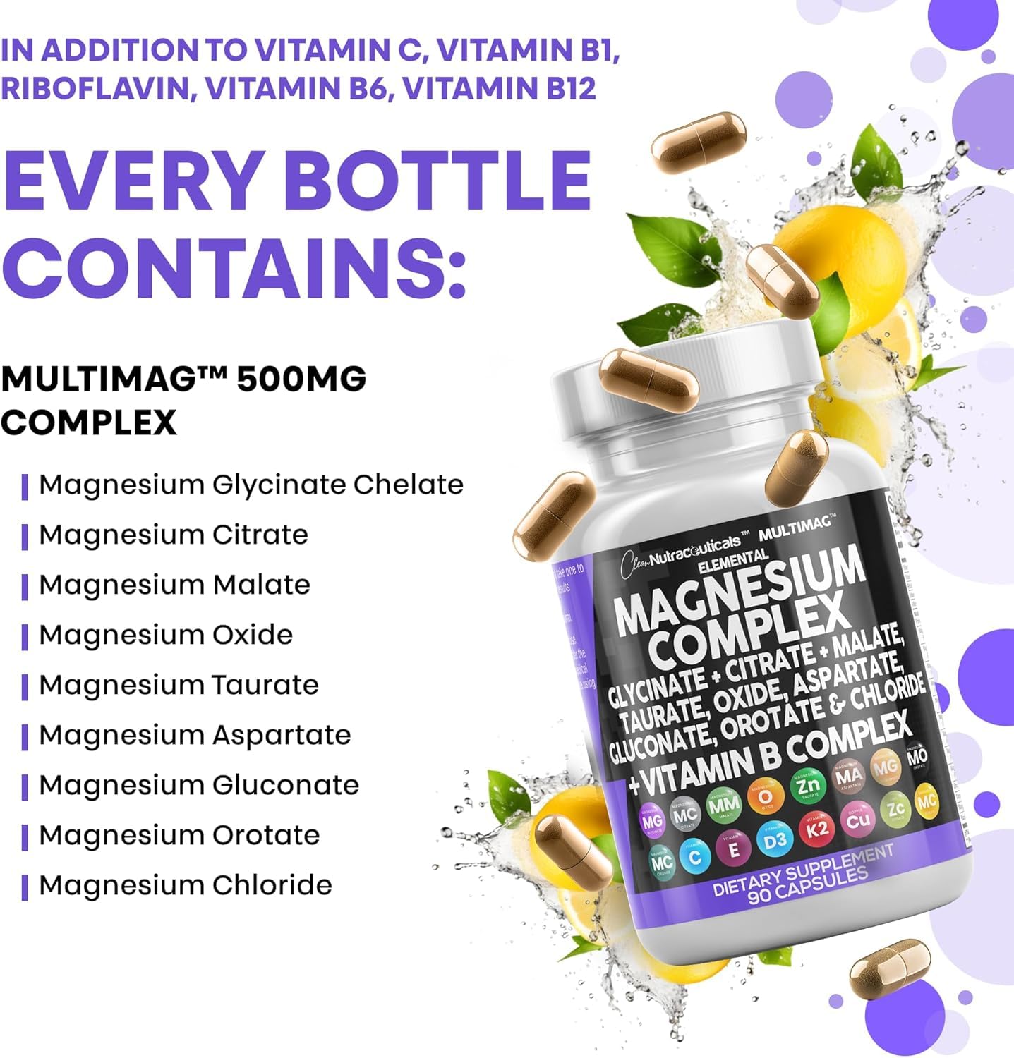 Clean Nutraceuticals Magnesium Complex with Magnesium Glycinate Citrate Malate Oxide Taurate Aspartate Orotate & Mag Chloride, Zinc Copper Manganese (90 Count (Pack of 2)) - Maple Wellness Supplements