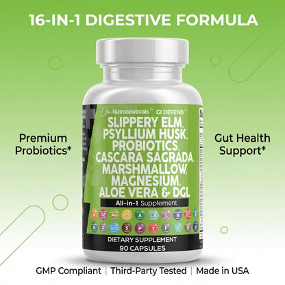Clean Nutraceuticals Slippery Elm Psyllium Husk Pre Probiotic Digestive Gut Health Supplement with Aloe Vera Cascara Sagrada - Maple Wellness Supplements