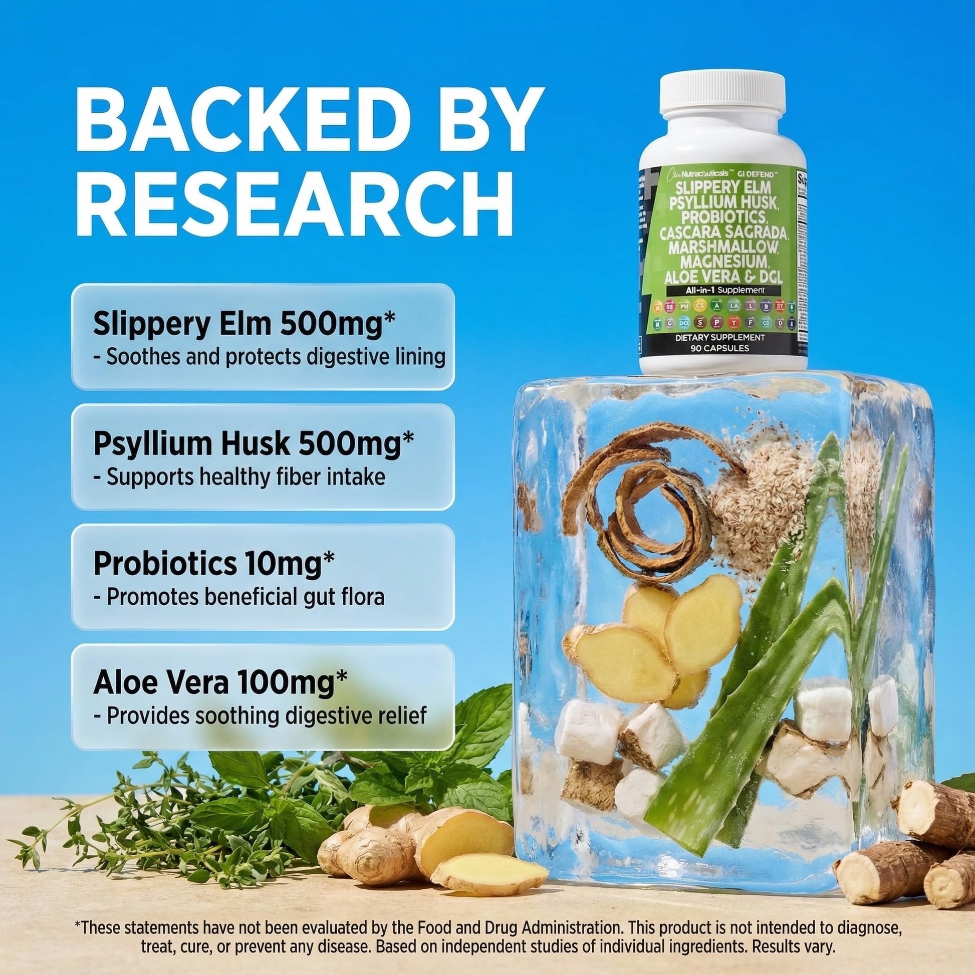 Clean Nutraceuticals Slippery Elm Psyllium Husk Pre Probiotic Digestive Gut Health Supplement with Aloe Vera Cascara Sagrada - Maple Wellness Supplements