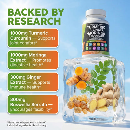 Clean Nutraceuticals Turmeric Moringa Supplement | Ginger Boswellia Saffron - Supplement for Women and Men with Ceylon Cinnamon - Maple Wellness Supplements