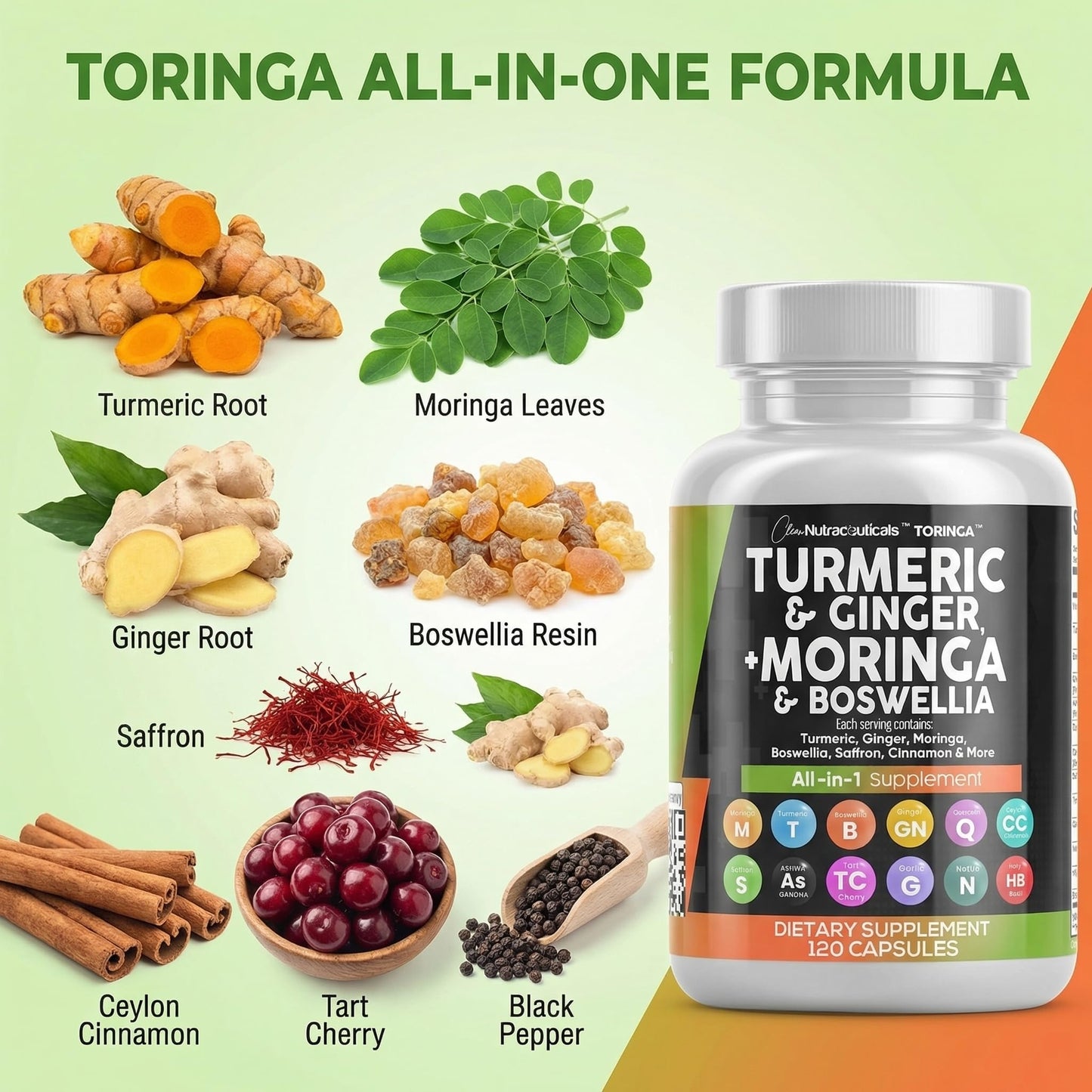 Clean Nutraceuticals Turmeric Moringa Supplement | Ginger Boswellia Saffron - Supplement for Women and Men with Ceylon Cinnamon - Maple Wellness Supplements
