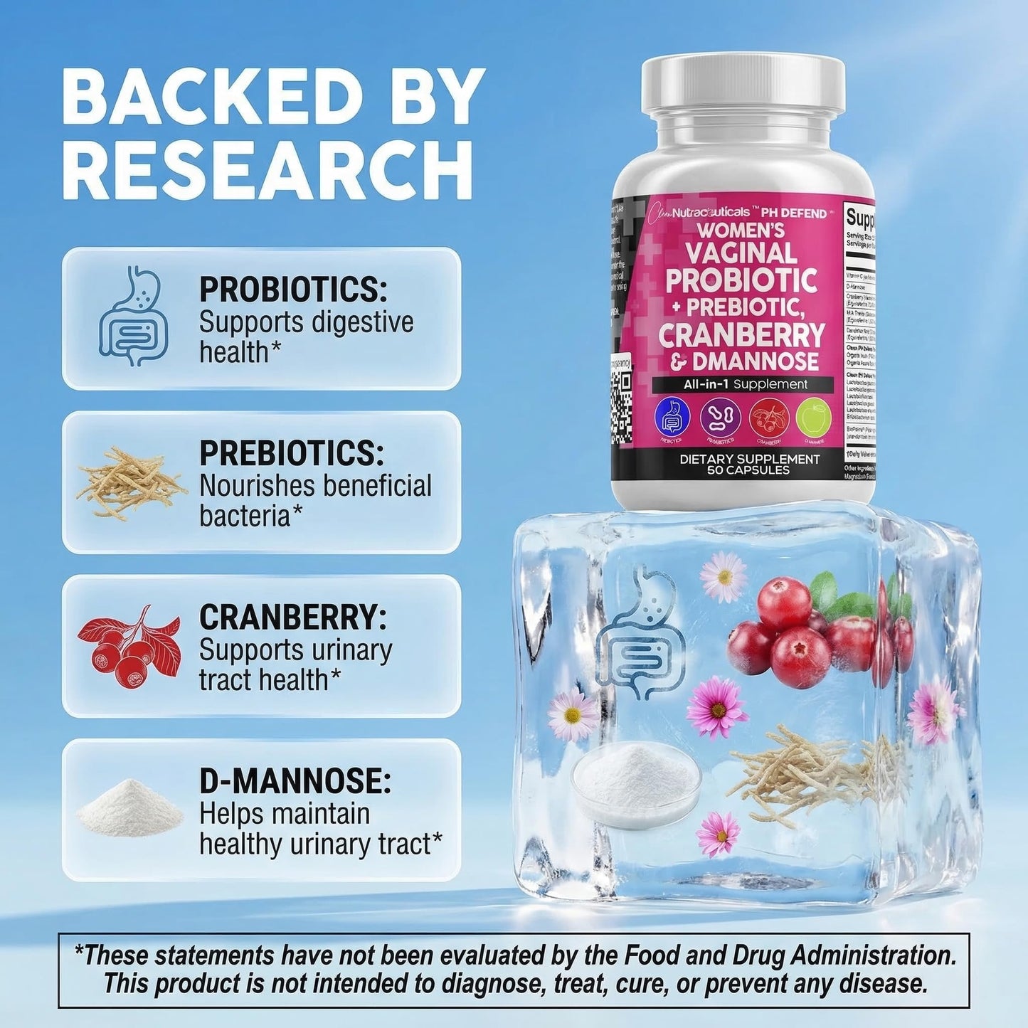 Clean Nutraceuticals Vaginal Probiotics for Women with Cranberry, D-Mannose, Prebiotics, pH Balance Support, Feminine Health, Urinary Tract Cleanse - Maple Wellness Supplements