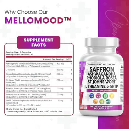 Clean Saffron Supplements with Ashwagandha 8000mg - Mood Support with L-Theanine - Maple Wellness Supplements
