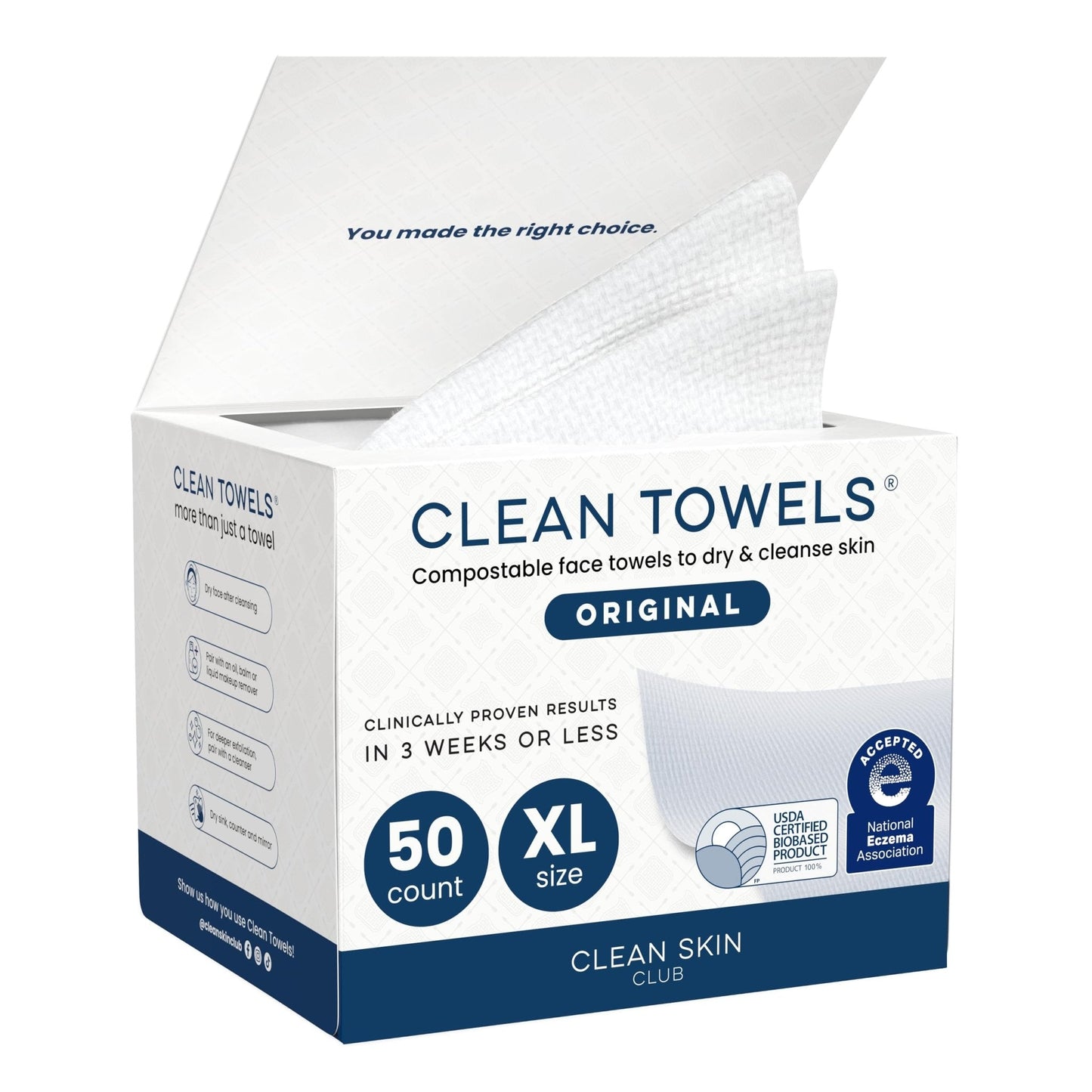Clean Skin Club Clean Towels XL®, 100% USDA Biobased Face Towel, Disposable Face - Maple Wellness Supplements