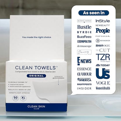 Clean Skin Club Clean Towels XL®, 100% USDA Biobased Face Towel, Disposable Face - Maple Wellness Supplements
