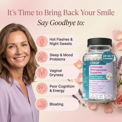 Clear Menopause Support for Women | 25-in-1 Formula with Black Cohosh, Dong Quai, Pre & Probiotics | Hot Flashes, Night Sweats, Mood, Sleep & Digestion | Hormone-Free | Made in USA | 60 Capsules - Maple Wellness Supplements