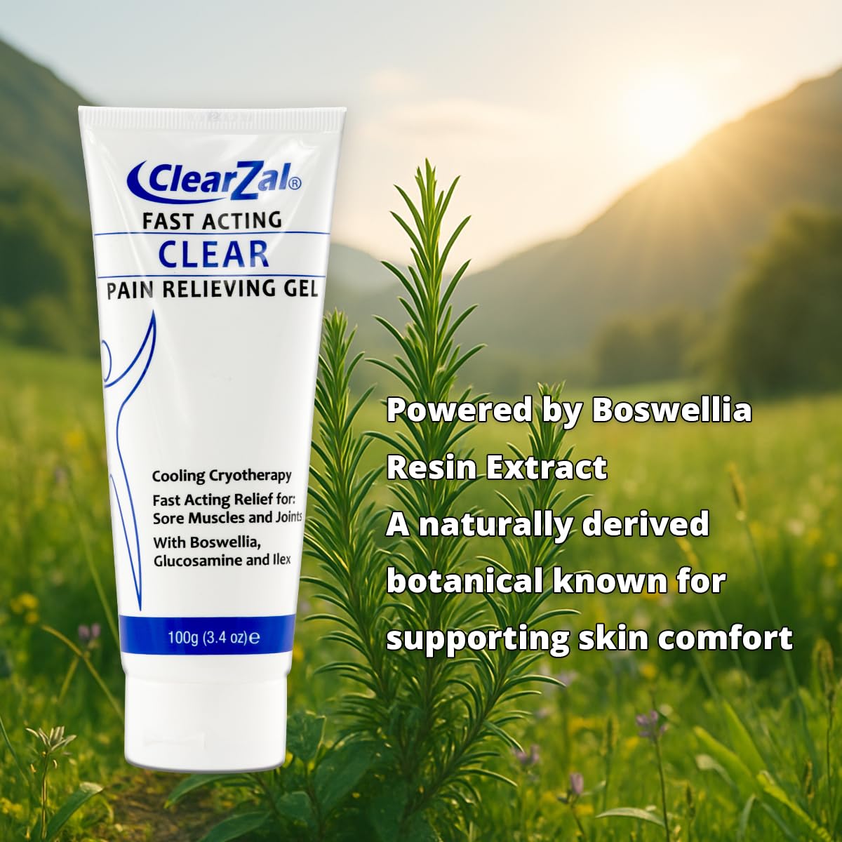ClearZal Fast Acting Clear Pain Relieving Gel with Cooling Cryotherapy, Boswellia and Glucosamine for Sore Muscles and Joints, Soothing Cooling Gel 3.4 oz - Maple Wellness Supplements