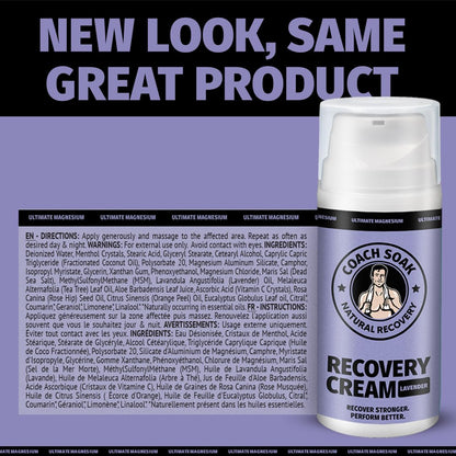 Coach Soak Magnesium Cream with MSM in Pump Bottle - Natural Recovery Cream with Magnesium Chloride & Menthol - Fast-Absorbing for Muscles & Joints, Lavender 3.4oz - Maple Wellness Supplements