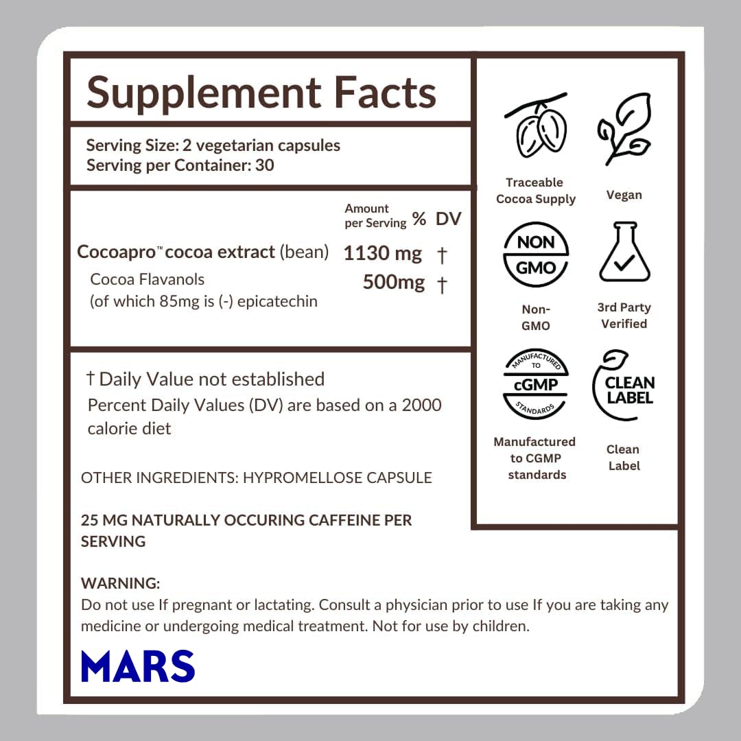 CocoaVia Cocoa Flavanols 500mg – Heart & Brain Support Supplement, High Flavanol Cocoa, Blood Circulation & Memory Booster, Nitric Oxide, Energy & Oxygen Boost, Vegan, Gluten-Free, 60 Capsules - Maple Wellness Supplements