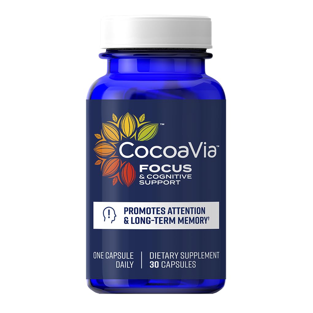 CocoaVia Memory & Focus Brain Supplement, 30 Day, Cocoa Flavanol Blend, Lutein, Added Caffeine for Boost. Improve Cognitive Function, Attention, Vegan & Plant Based, 30 Capsules - Maple Wellness Supplements