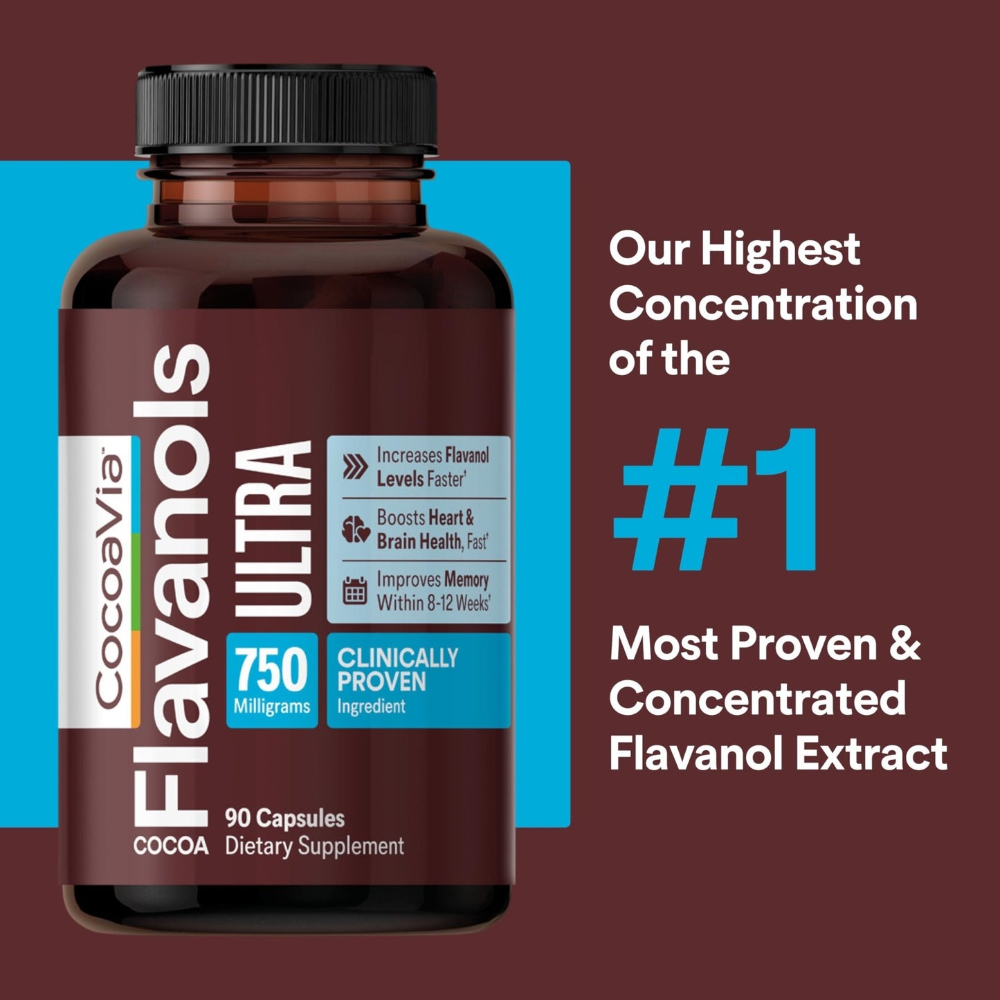 CocoaVia Ultra 750mg Cocoa Flavanols – Heart & Brain Support, Memory & Blood Circulation Booster, High Flavanol Cocoa for Nitric Oxide, Energy & Oxygen Boost - Maple Wellness Supplements