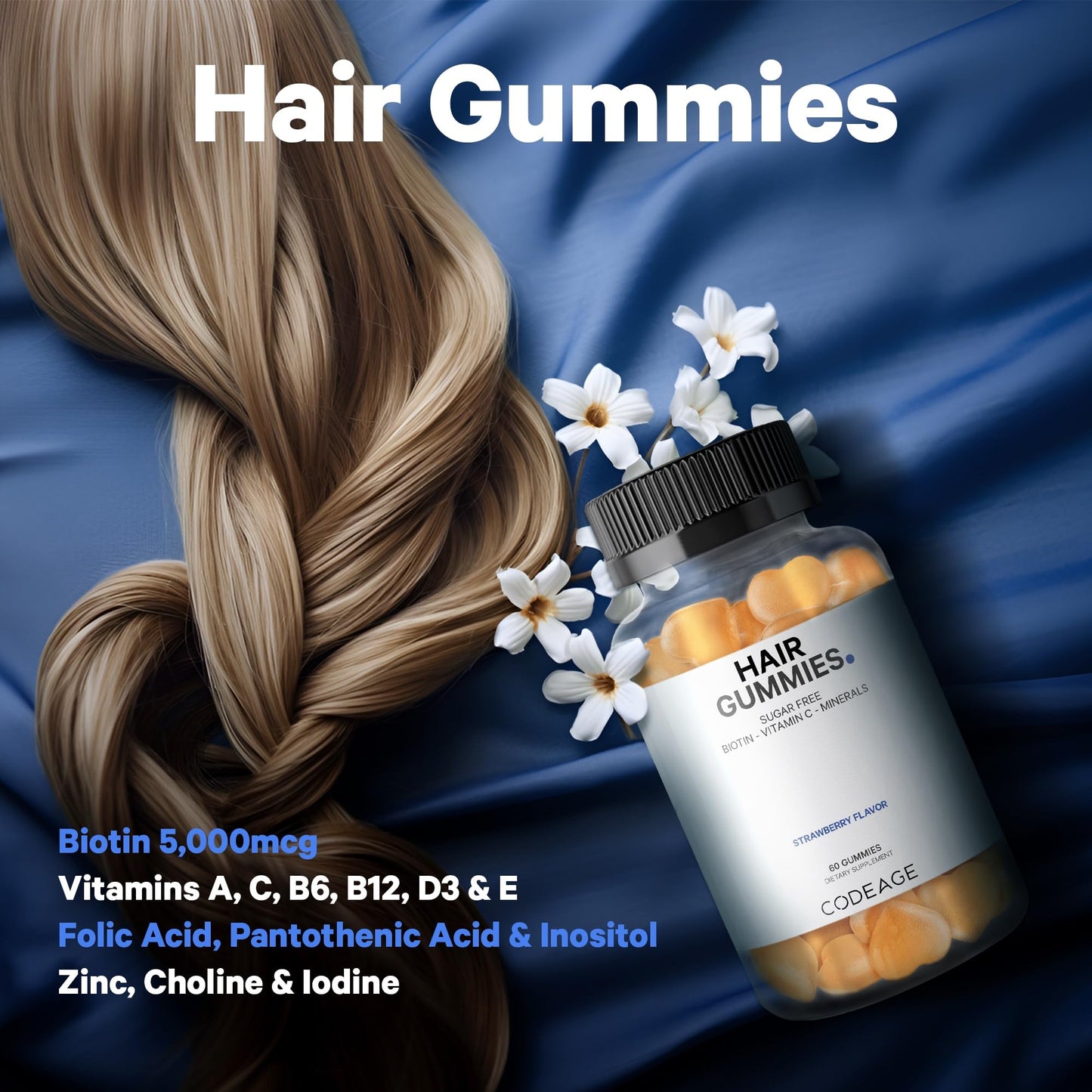 Codeage Hair Gummies, Biotin 5000 mcg, Sugar Free Growth Gummy Vitamins A, C, B6, B12, D3, Zinc, Inositol Supplement - Maple Wellness Supplements