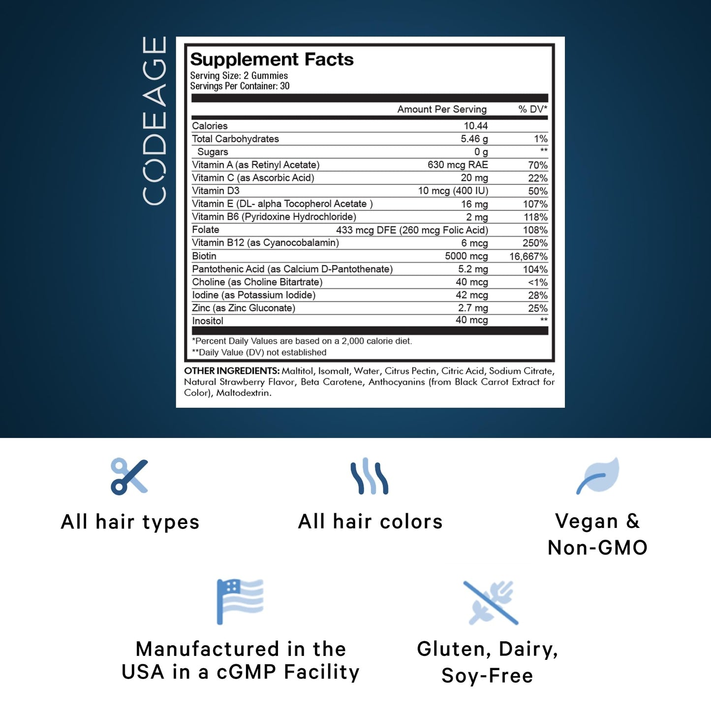 Codeage Hair Gummies, Biotin 5000 mcg, Sugar Free Growth Gummy Vitamins A, C, B6, B12, D3, Zinc, Inositol Supplement - Maple Wellness Supplements