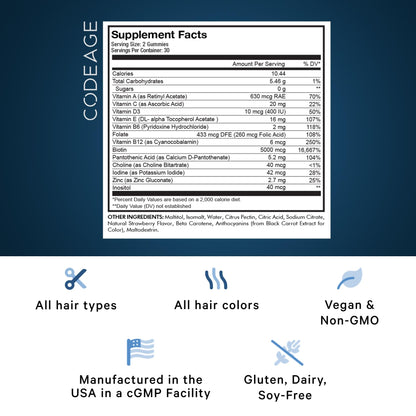 Codeage Hair Gummies, Biotin 5000 mcg, Sugar Free Growth Gummy Vitamins A, C, B6, B12, D3, Zinc, Inositol Supplement - Maple Wellness Supplements