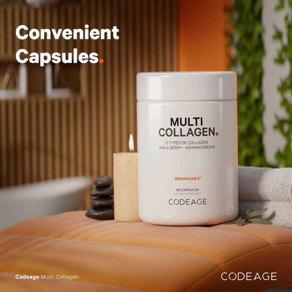 Codeage Multi Collagen Peptides Protein Capsules, 5 Collagen Types, Grass-Fed & Hydrolyzed Bovine Collagen Pills Supplement, Ashwagandha, Amla Berry Vitamins, Collagen Peptides - 90 Capsules - Maple Wellness Supplements