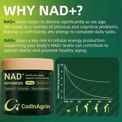 CodinAgrin NAD+ Supplement with Resveratrol 900mg Nicotinamide Adenine Dinucleotide Complex for Cellular Energy Repair, Anti-Aging & Mental Clarity Support, Non-GMO, Vegetarian Friendly, 100 Capsules - Maple Wellness Supplements