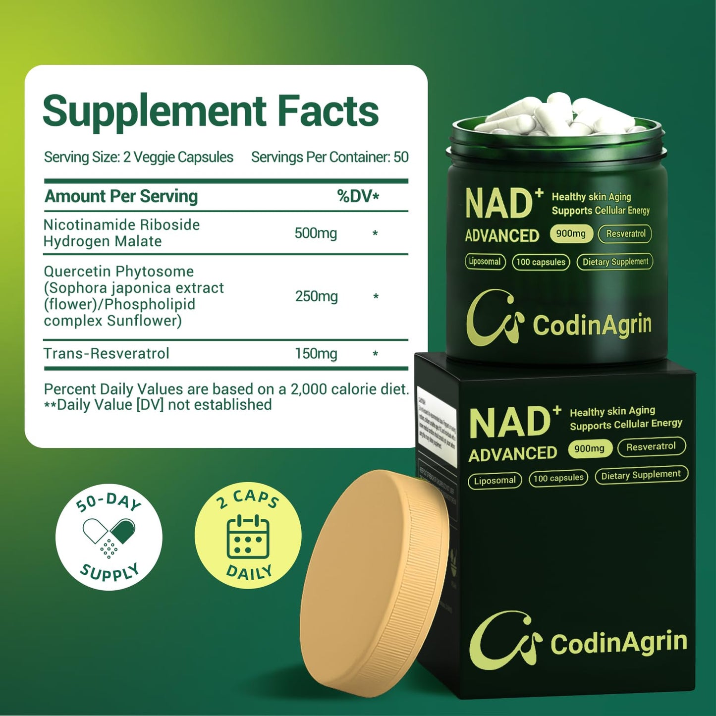 CodinAgrin NAD+ Supplement with Resveratrol 900mg Nicotinamide Adenine Dinucleotide Complex for Cellular Energy Repair, Anti-Aging & Mental Clarity Support, Non-GMO, Vegetarian Friendly, 100 Capsules - Maple Wellness Supplements