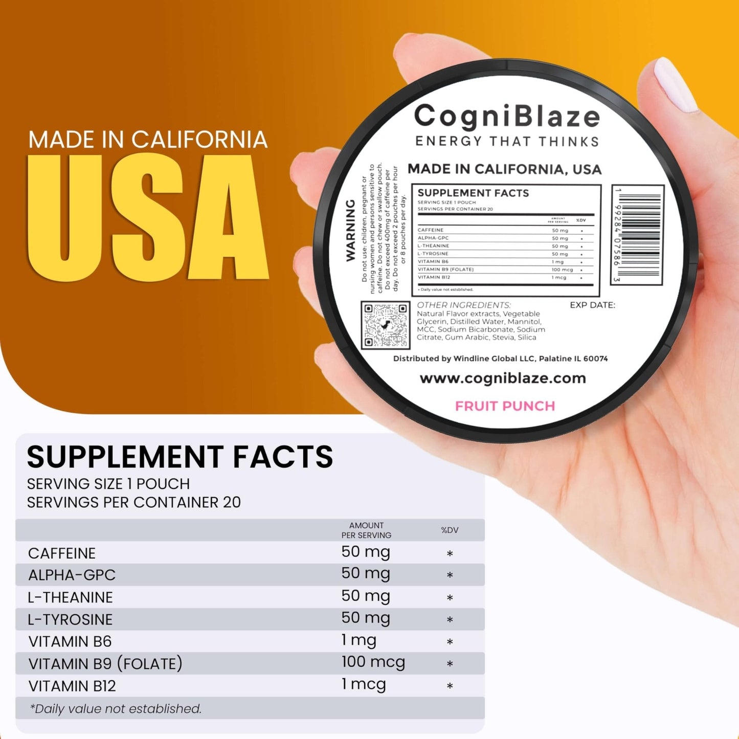 CogniBlaze Caffeine Pouches (Fruit Punch) | Nootropic Energy Pouches with 50mg Caffeine, Alpha GPC, L-Tyrosine & L-Theanine | Zero Sugar | No Artificial Sweeteners | 4 Pack (80 Total) - Maple Wellness Supplements