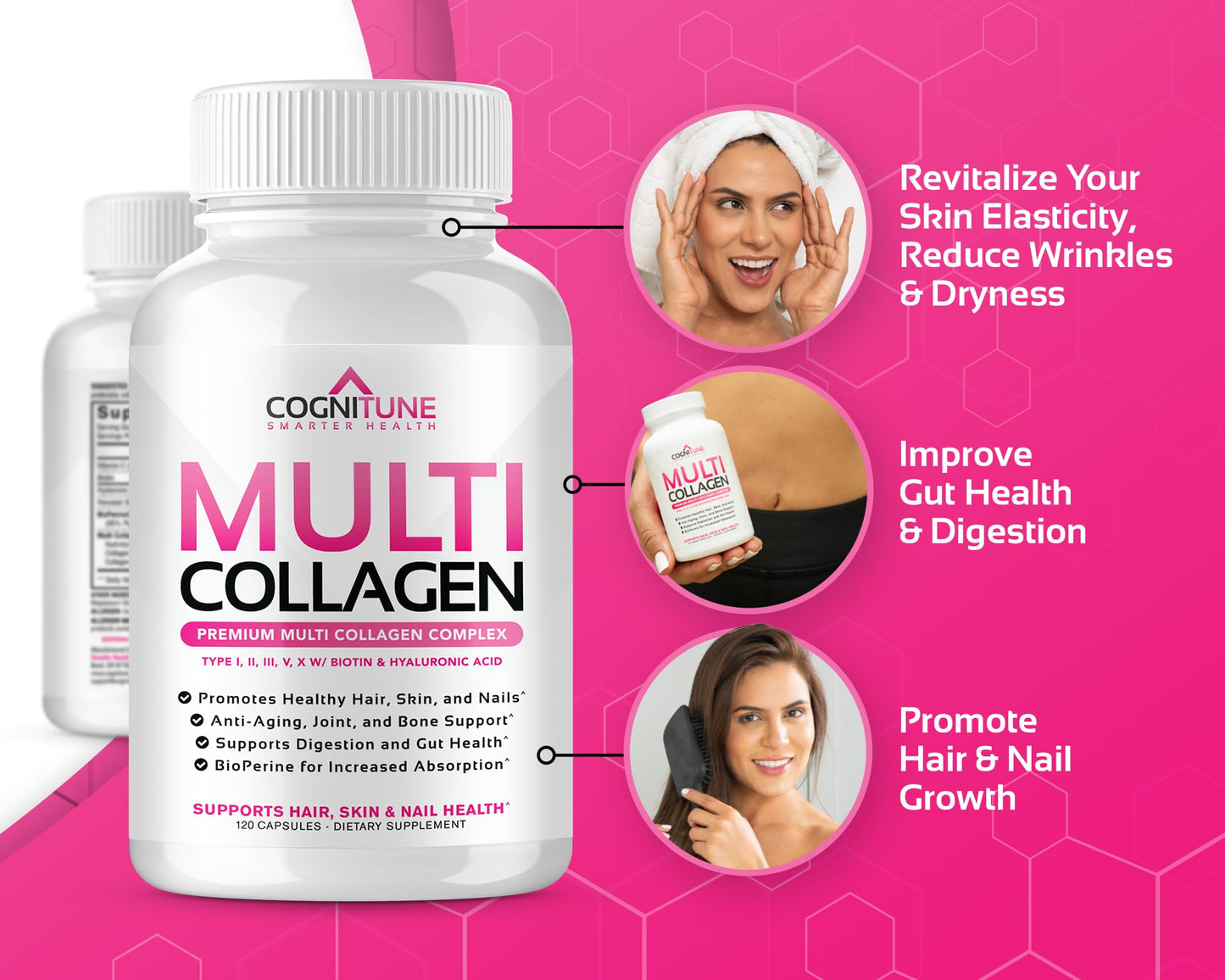 CogniTune Multi Collagen Peptides for Women with Biotin, Hyaluronic Acid, Vitamin C - 5 Types I II III V X Colageno Hidrolizado - 2000mg Hair Skin Nails Joints Support - 120 Capsules - Maple Wellness Supplements