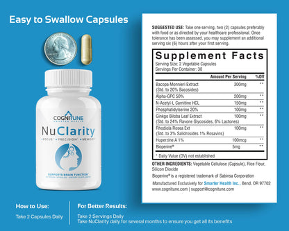 CogniTune NuClarity Brain Supplement for Memory and Focus - Caffeine-Free Nootropic for Mental Clarity Without Jitters - with Ginkgo Biloba, Bacopa Monnieri, Alpha-GPC for Cognitive Support - Maple Wellness Supplements