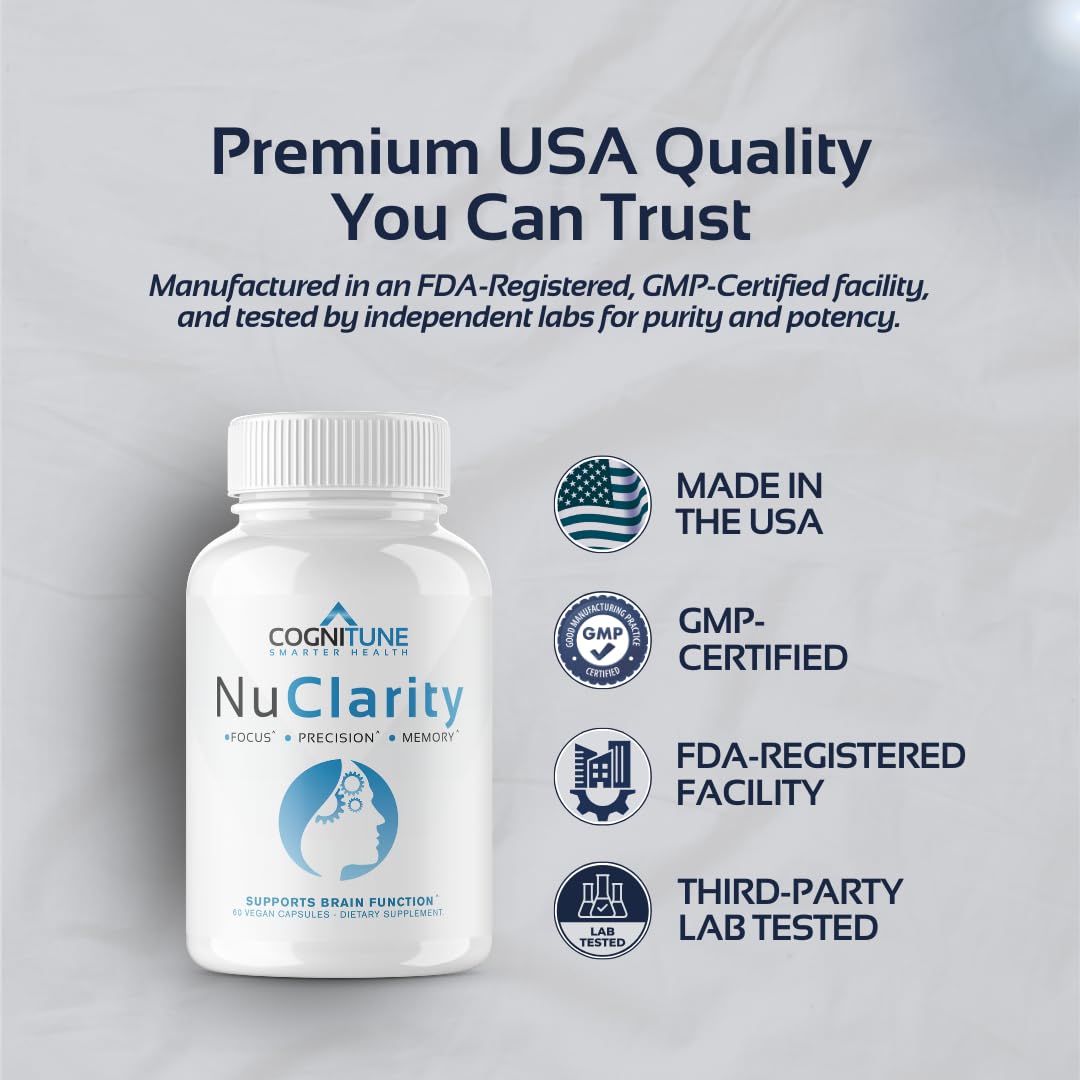 CogniTune NuClarity Brain Supplement for Memory and Focus - Caffeine-Free Nootropic for Mental Clarity Without Jitters - with Ginkgo Biloba, Bacopa Monnieri, Alpha-GPC for Cognitive Support - Maple Wellness Supplements
