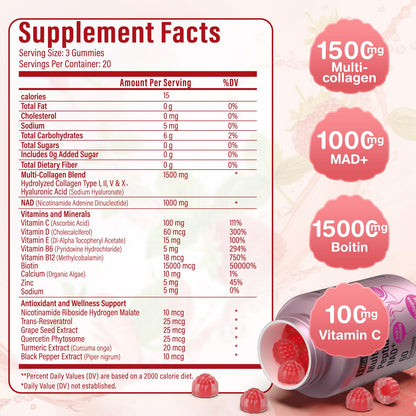 Collagen Gummies-Collagen for Women Men with 1500 mg Collagen Peptides Type I,II,III,V,X, 1000mg NAD, 15000 mcg Biotin, Daily Collagen Supplement Protein Gummies for Hair Skin Nails, Sugar Free - Maple Wellness Supplements