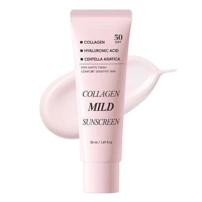 Collagen Mild Sunscreen SPF 50 for Face, Broad Spectrum Protection, Hydrating Facial Sunscreen with Peptides & Cica, Lightweight Non-Greasy, No White Cast, Natural Glow, Travel Size (2 PCS) - Maple Wellness Supplements