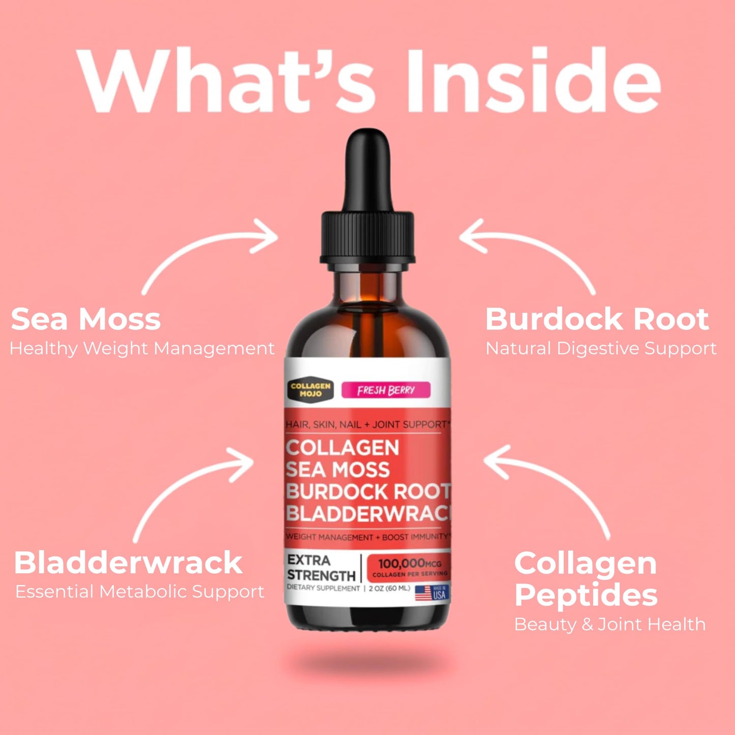 Collagen Mojo - Liquid Collagen with Irish Sea Moss for Women & Men - Collagen Peptides Drops with Burdock Root & Bladderwrack - Hair, Skin, Nails, Joint & Weight Management - 100,000mcg, 2 Oz - Maple Wellness Supplements