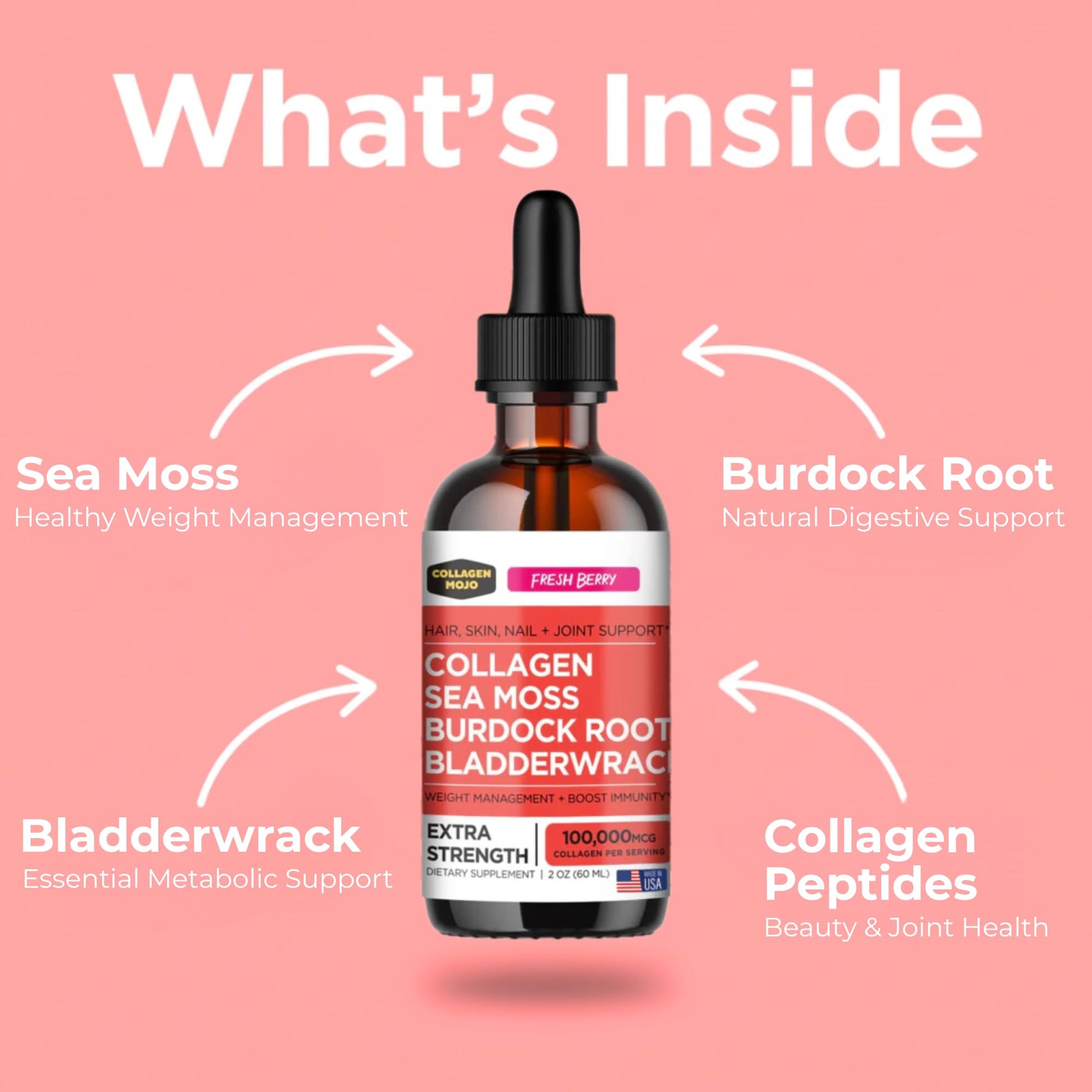 Collagen Mojo - Liquid Collagen with Irish Sea Moss for Women & Men - Collagen Peptides Drops with Burdock Root & Bladderwrack - Hair, Skin, Nails, Joint & Weight Management - 100,000mcg, 2 Oz - Maple Wellness Supplements