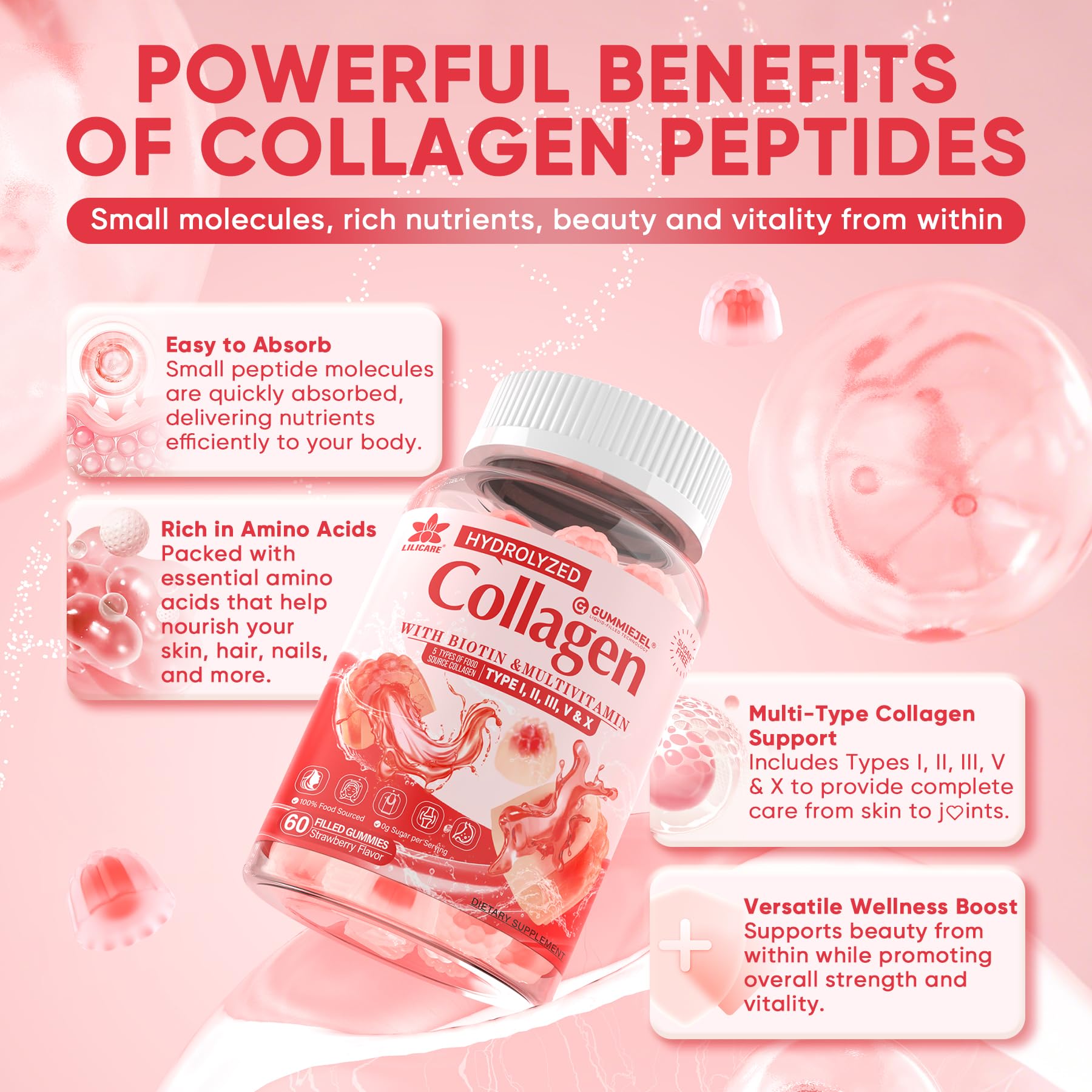 Collagen Peptide Gummies for Women & Men Sugar-Free, Multi Collagen Hydrolyzed w/ 1500mg Protein Type I,II,III,V,X, 5000mcg Biotin, Methylated B12, Vitamin C A E D3 B6 - Maple Wellness Supplements