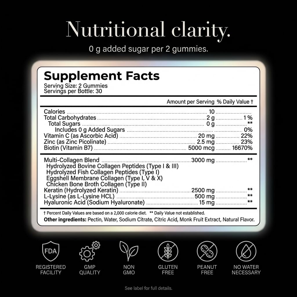Collagen Peptides Gummies Sugar Free 3000mg Multi Collagen Blend for Hair Skin & Nails Support + 2500mg Keratin + 5000mcg Biotin, Hyaluronic Acid, - Maple Wellness Supplements