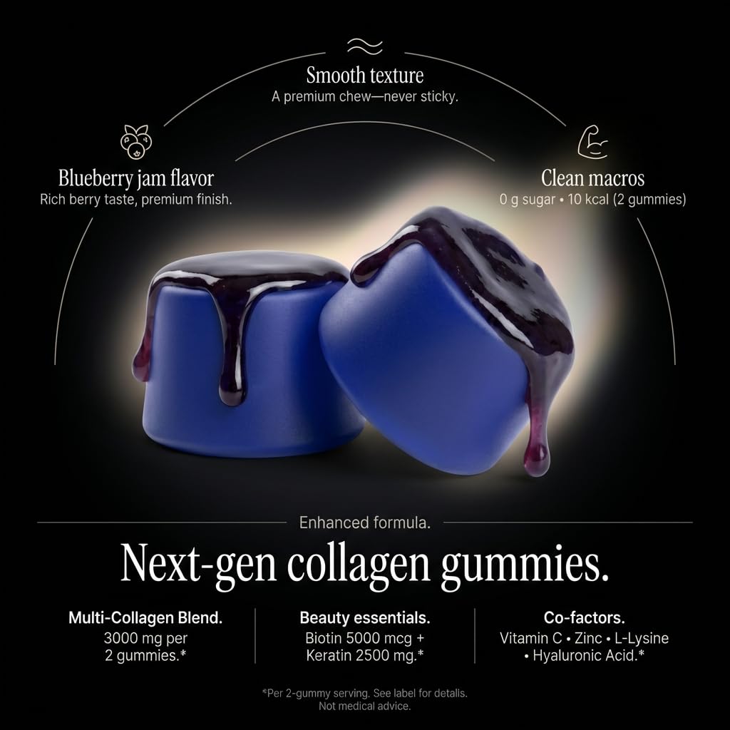 Collagen Peptides Gummies Sugar Free 3000mg Multi Collagen Blend for Hair Skin & Nails Support + 2500mg Keratin + 5000mcg Biotin, Hyaluronic Acid, - Maple Wellness Supplements