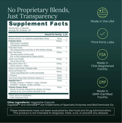 Colon Cleanse + Supplement Weight Loss & Energy - Appetite Suppressant & Fat Burner for women and men with Berberine, Yerba Mate, Psyllium Husk, Senna Leaf - Maple Wellness Supplements