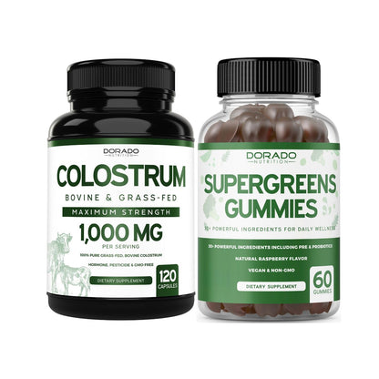 Colostrum (120 Count) Bovine Colostrum Capsules Supplement and Supergreens (60 Gummies) Superfood for Immunity Support with Greens Supplements with 8 Ingredient Power Blend - Vegan Safe & Made in USA - Maple Wellness Supplements