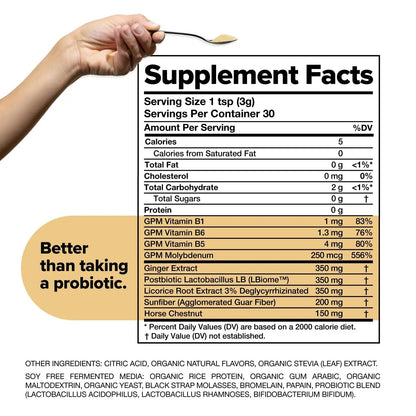 Complement Gut Nurture Prebiotic + Postbiotic Superfood Powder for Leaky Gut Repair, Probiotics for Digestive Health - Ginger Root - 30 Servings - Maple Wellness Supplements