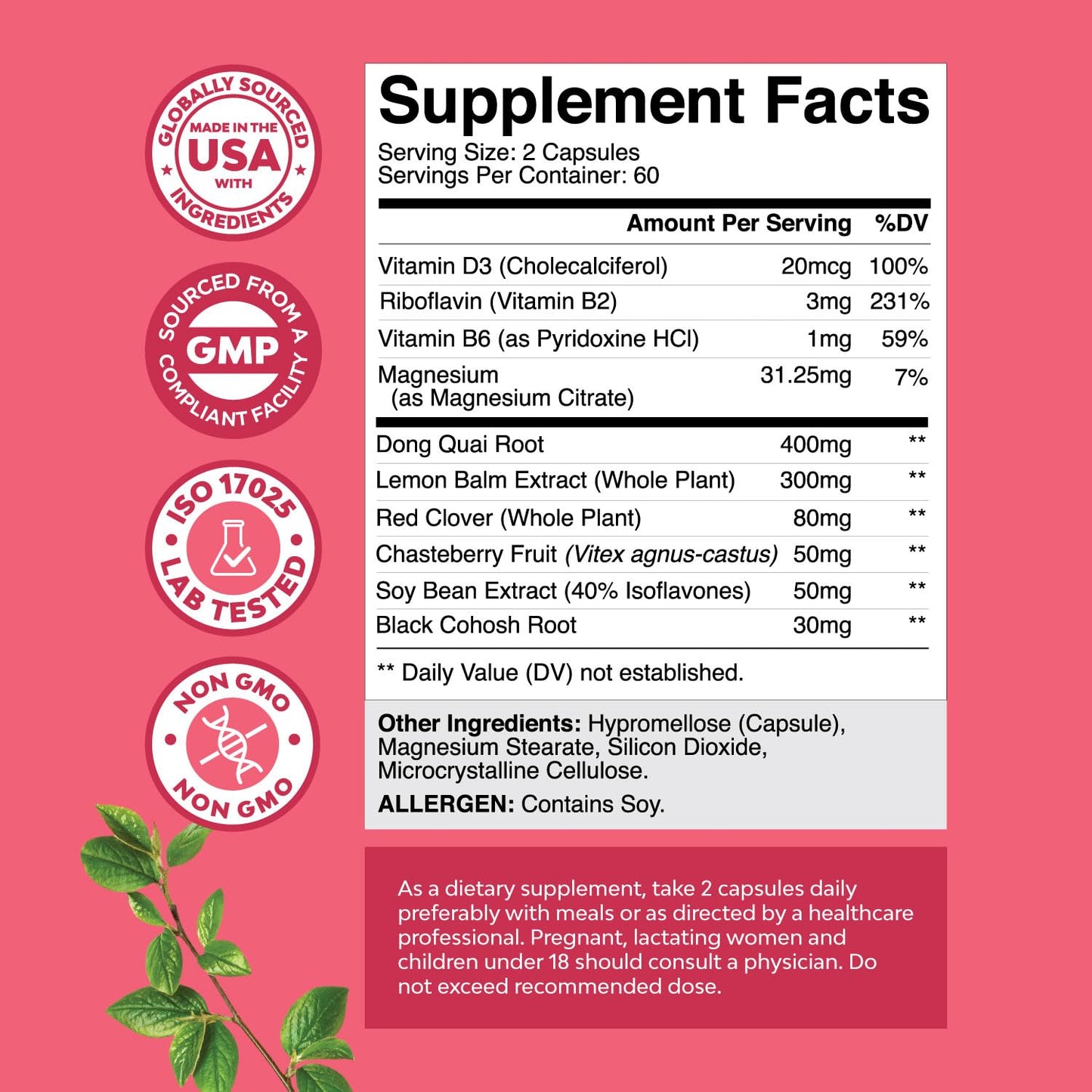 Complete Herbal Menopause Supplement for Women - Female Hormone Balance Capsules for Night Sweats Hot Flashes & Mood Swings with Dong Quai, Chaste Berry & Black Cohosh Root - 120 Count Pack - Maple Wellness Supplements
