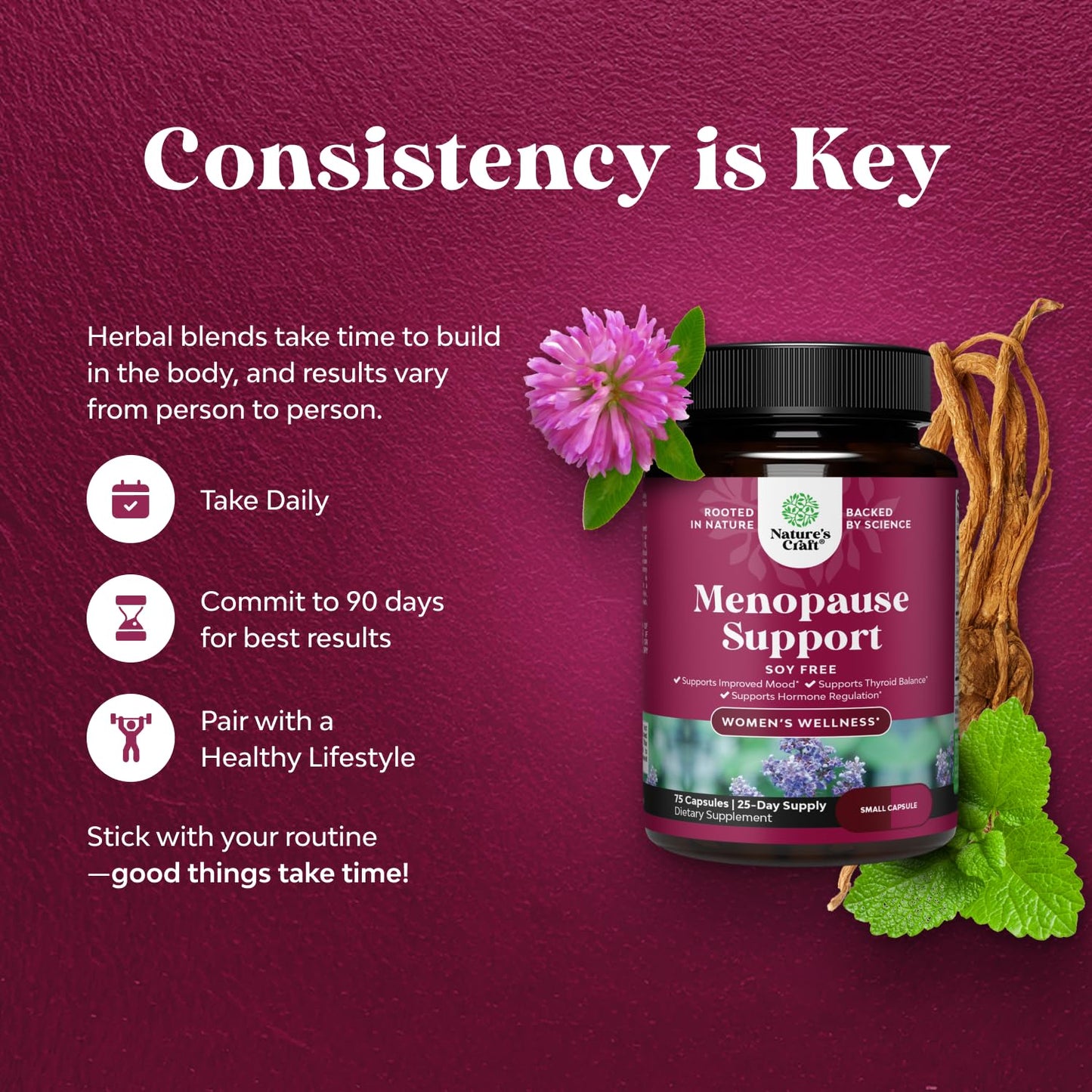 Complete Herbal Menopause Supplement for Women - Soy Free Female Hormone Balance Capsules for Night Sweats Hot Flashes & Mood Swings with Dong Quai, Chaste Berry & Black Cohosh Root - 75 Count - Maple Wellness Supplements