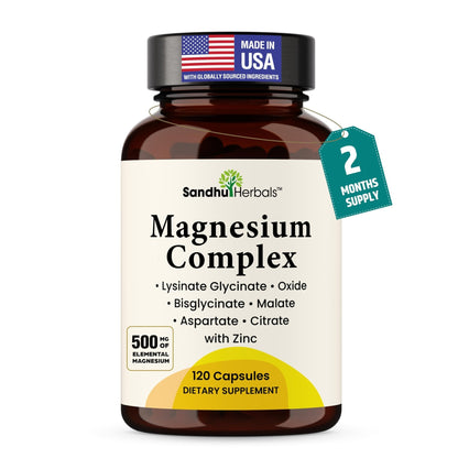 Complete Magnesium Complex 500mg for Women & Men | 120 Capsules | 6 in 1 Mag Supplement with Zinc | Quality Sleep & Muscle Health | Glycinate, Citrate - Maple Wellness Supplements