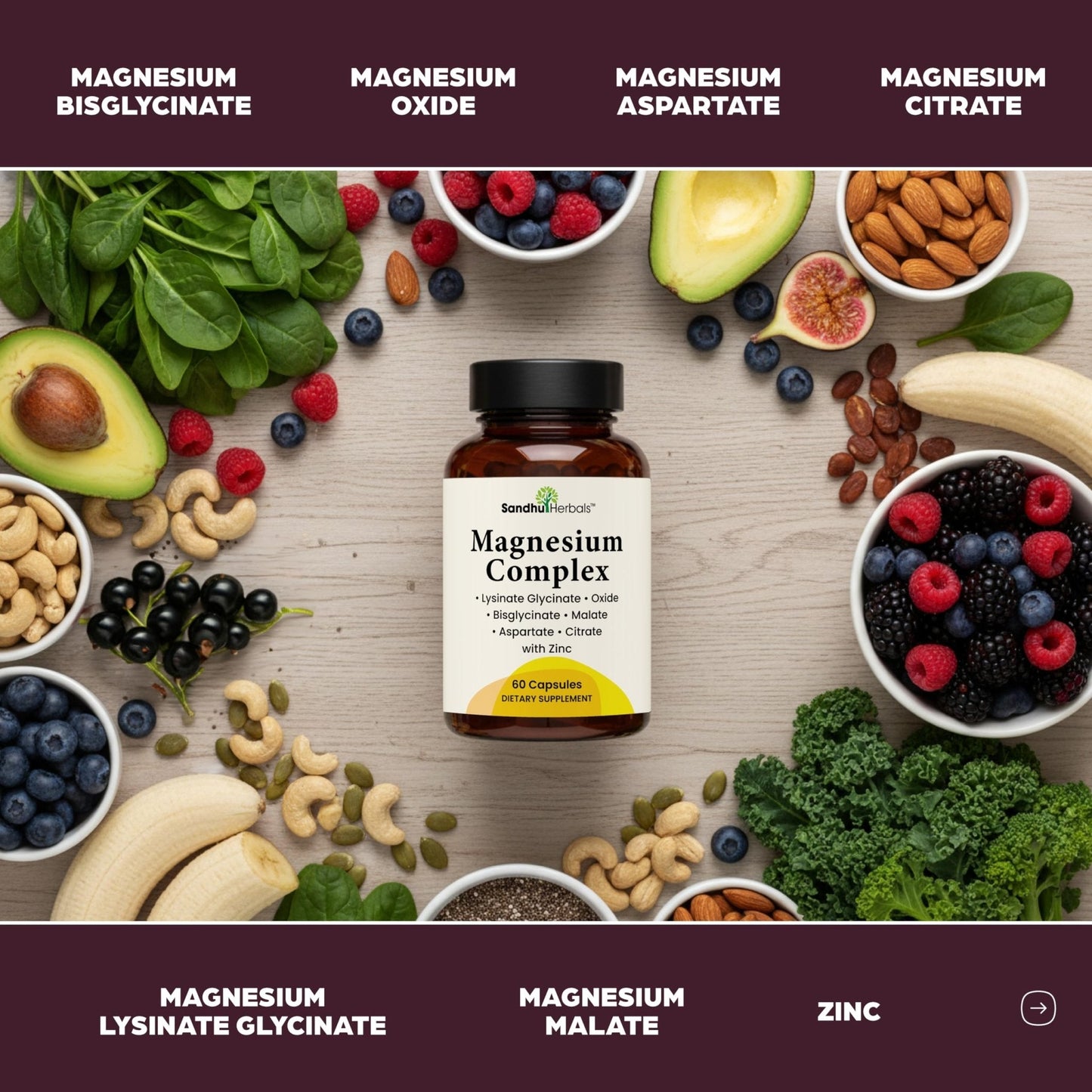 Complete Magnesium Complex 500mg for Women & Men | 60 Capsules | 6 in 1 Mag Supplement with Zinc | Quality Sleep & Muscle Health | Glycinate, Citrate - Maple Wellness Supplements