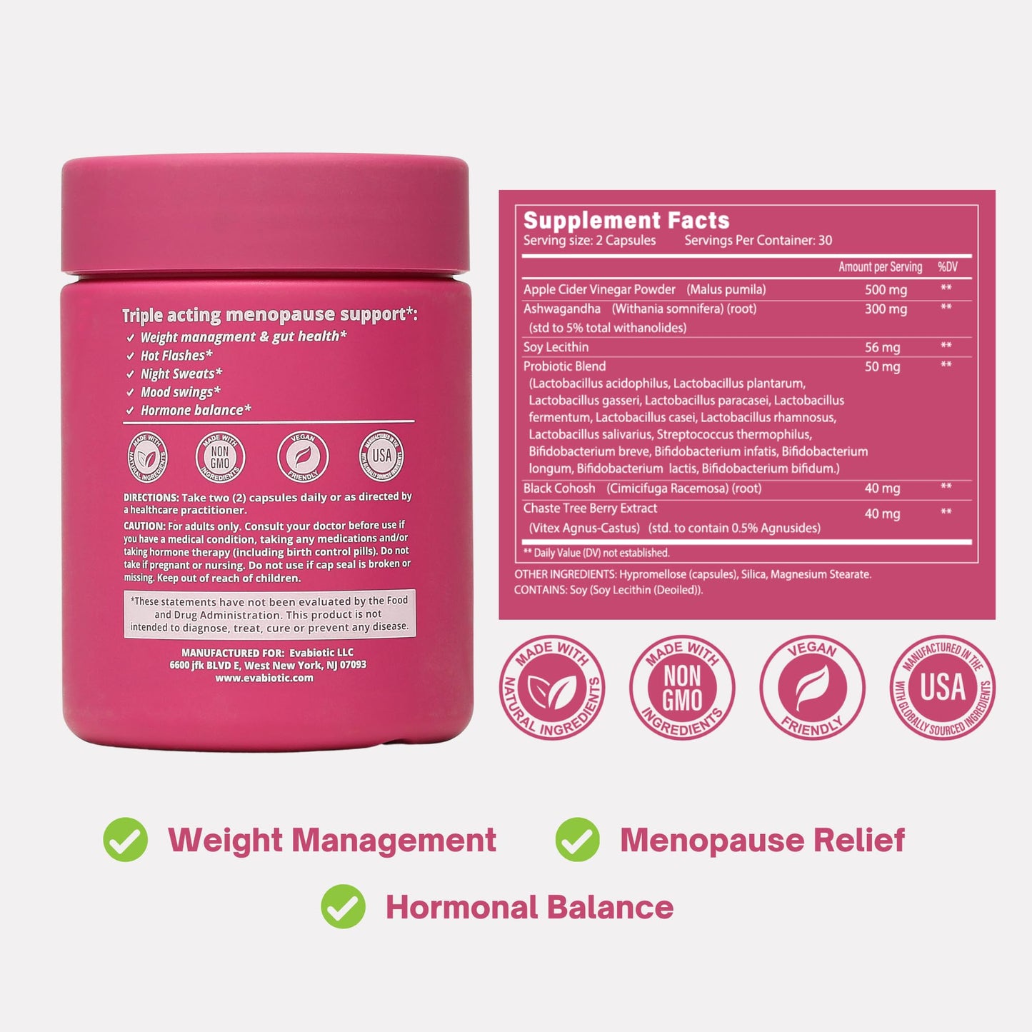 Complete Menopause Vitamins - Ashwaghanda, Probiotics, ACV for Weight Management, Hot Flashes, Night Sweats, Bloat, Hormone Balance - Vegan 60 Caps Menopause Supplements for Women Non-GMO - Maple Wellness Supplements