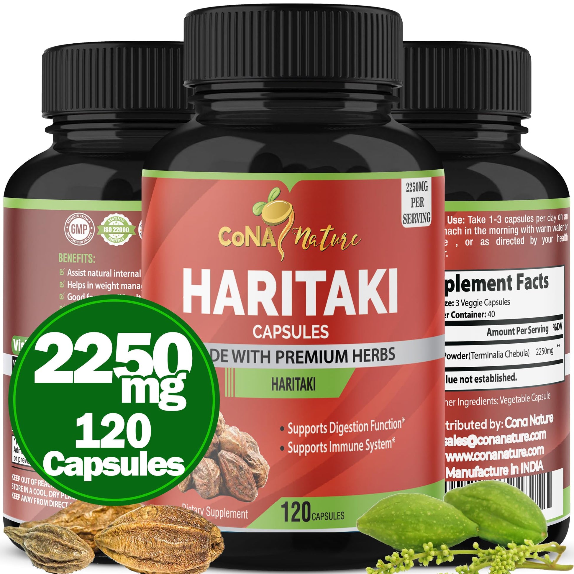 Cona Nature Organic India Haritaki Capsules 2250MG, Rejuvenation, Improving Digestion, Maintains Regularity | Non-GMO Vegan Gluten-Free Herbs and Supplements, 120 Caps - Maple Wellness Supplements