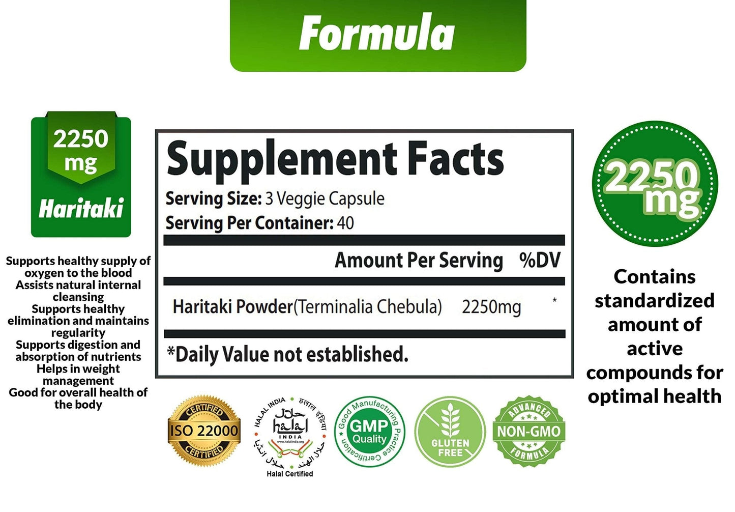 Cona Nature Organic India Haritaki Capsules 2250MG, Rejuvenation, Improving Digestion, Maintains Regularity | Non-GMO Vegan Gluten-Free Herbs and Supplements, 120 Caps - Maple Wellness Supplements