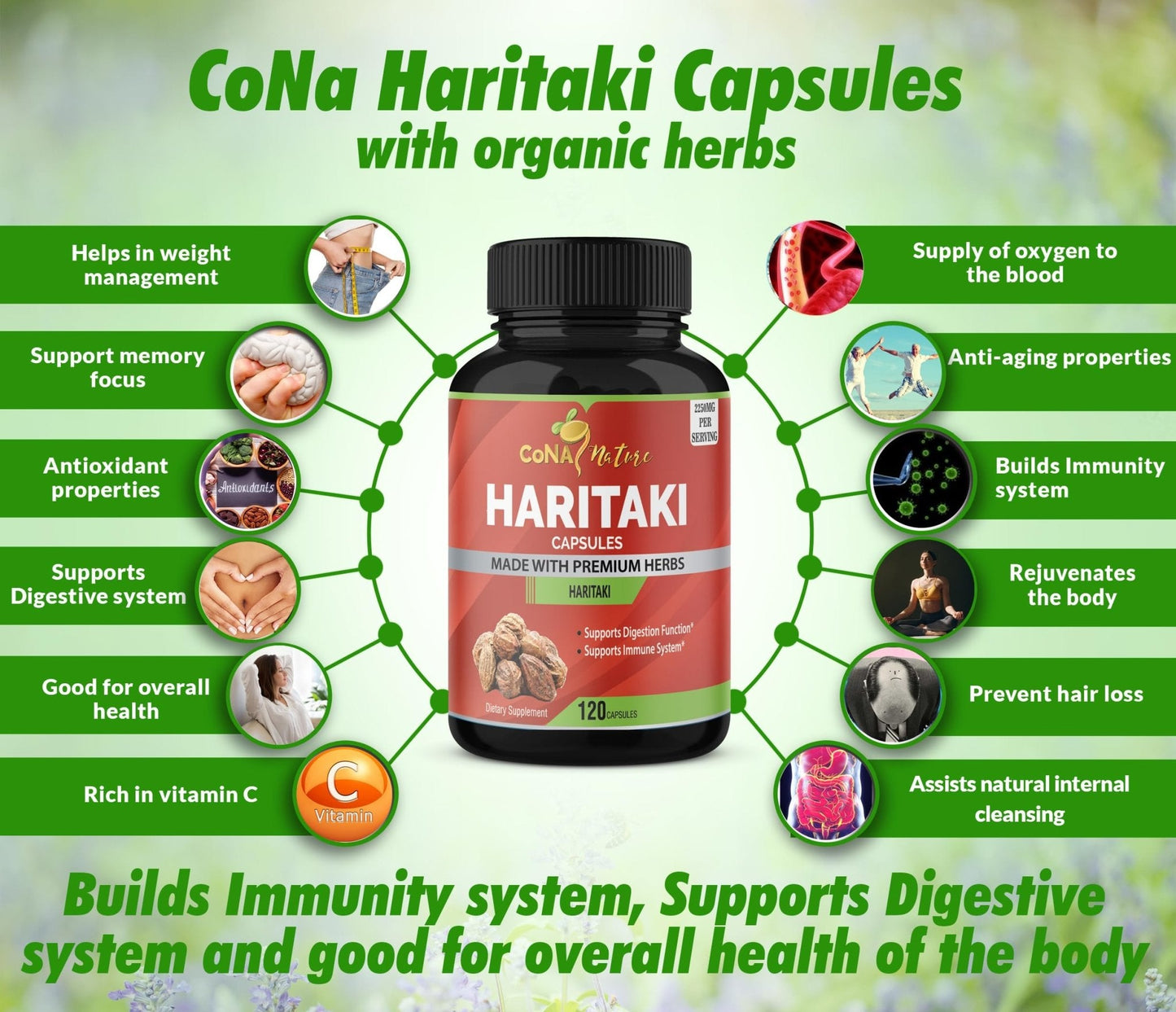 Cona Nature Organic India Haritaki Capsules 2250MG, Rejuvenation, Improving Digestion, Maintains Regularity | Non-GMO Vegan Gluten-Free Herbs and Supplements, 120 Caps - Maple Wellness Supplements