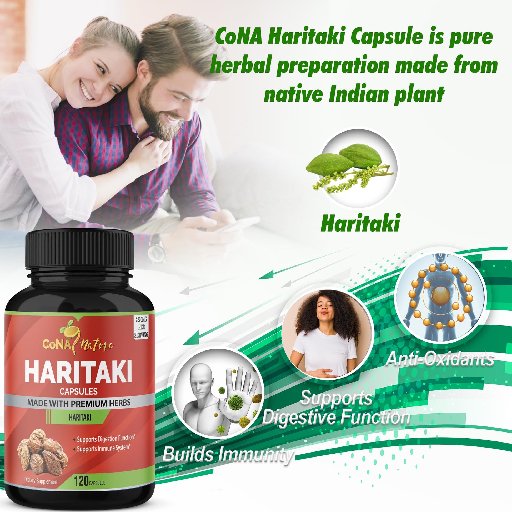 Cona Nature Organic India Haritaki Capsules 2250MG, Rejuvenation, Improving Digestion, Maintains Regularity | Non-GMO Vegan Gluten-Free Herbs and Supplements, 120 Caps - Maple Wellness Supplements