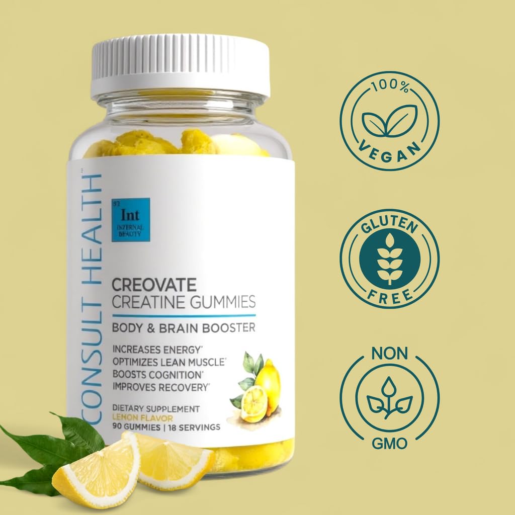 Consult Health CREOVATE CREATINE MONOHYDRATE Gummies 5g Dose for Men & Women to Support Muscle, Strength, Recovery, Cognitive Health & Memory, Zero Sugar, Gluten Free, Natural Lemon, 90 Count - Maple Wellness Supplements