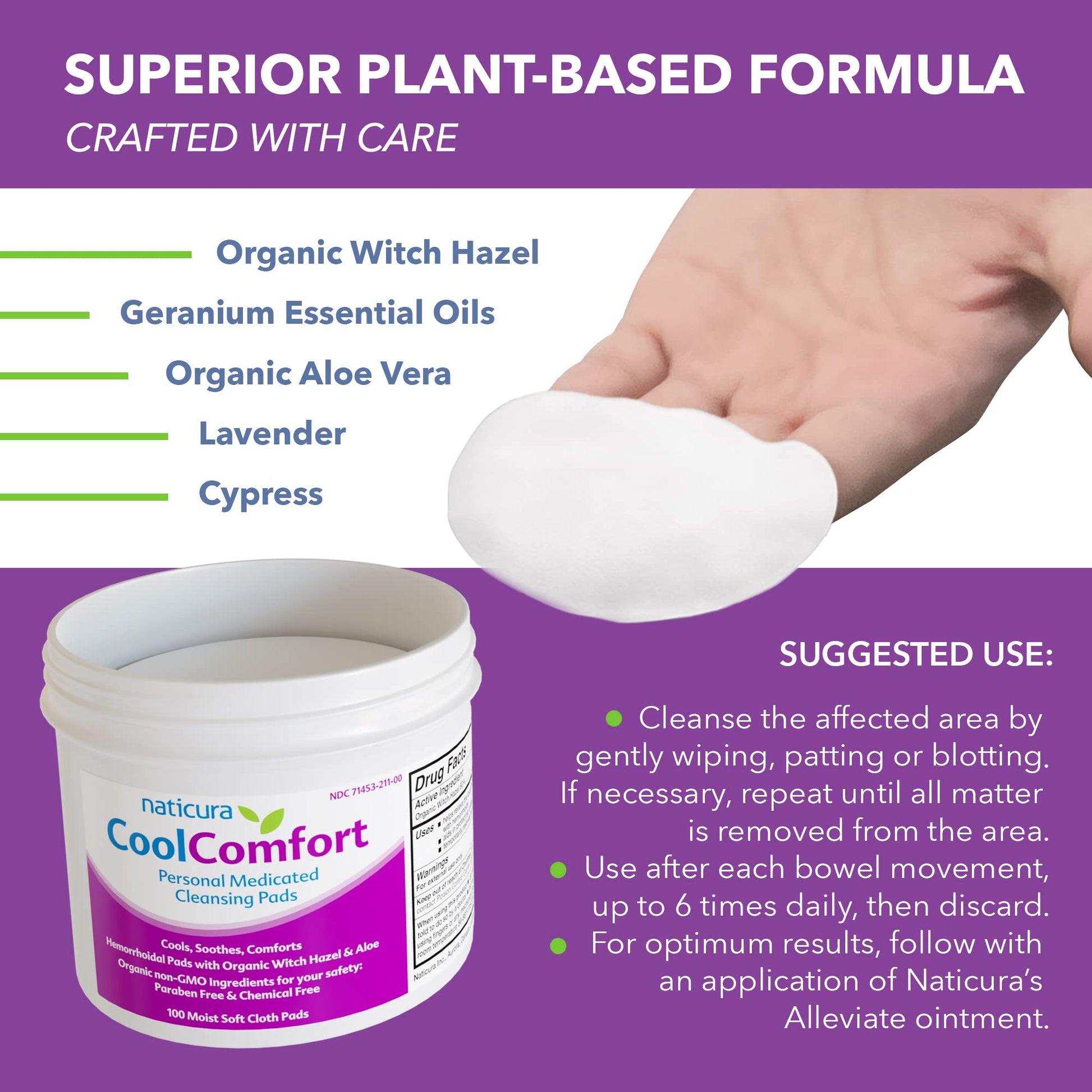 CoolComfort Personal Cleansing Pads with Organic Witch Hazel and Aloe Vera - All Natural and Fast Acting Wipes for Hemorrhoid Burning, Itching, Pain and Swelling - 100 Pads - No Parabens - Made in USA - Maple Wellness Supplements
