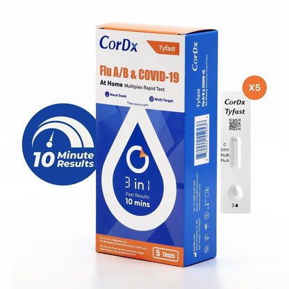 CorDx TyFast at Home Flu A/B & COVID-19 Multiplex Rapid Test Kit, Easy, Accurate, Fast Results in 10 Minutes, 3 in 1 Combo Kit, 5 Tests - Maple Wellness Supplements