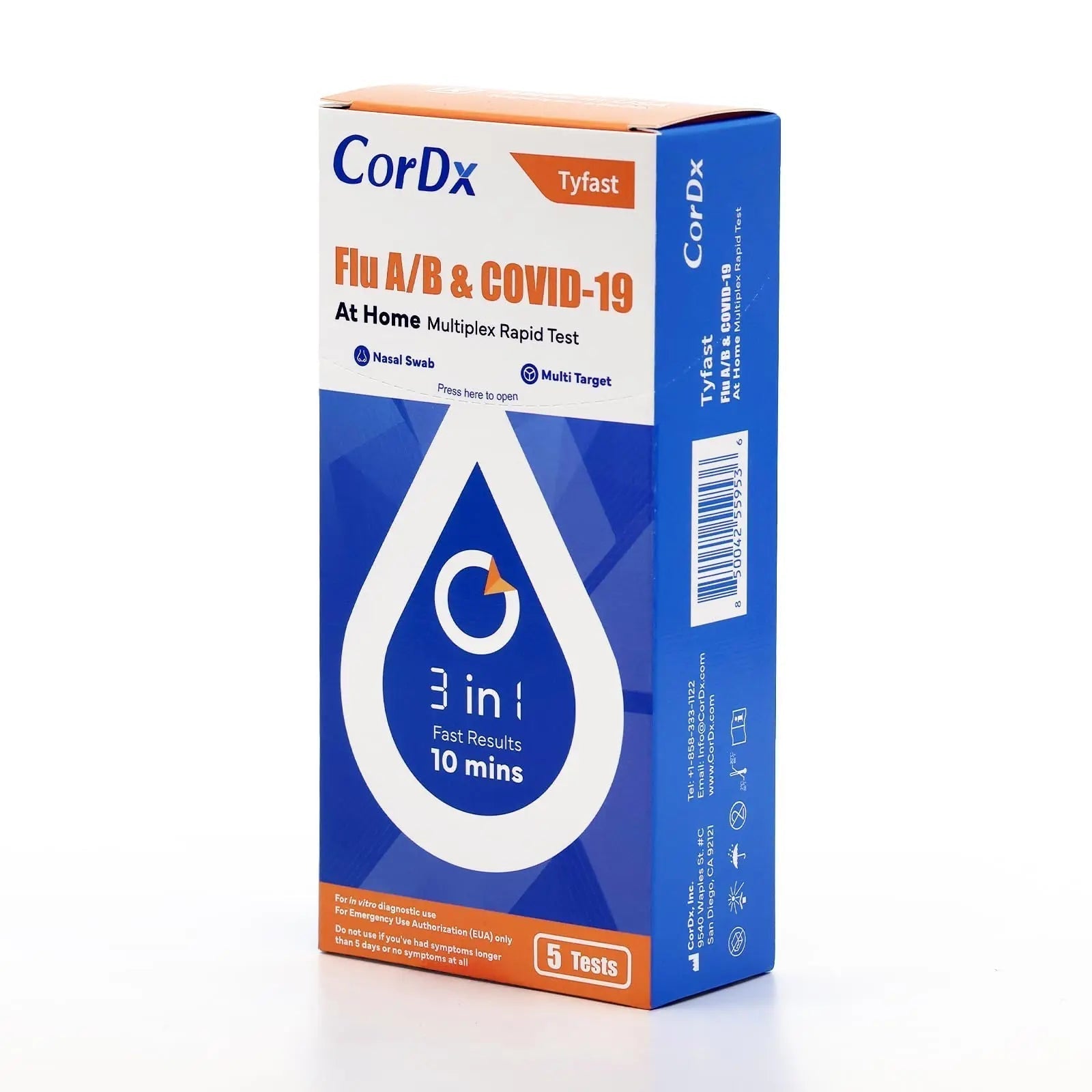 CorDx TyFast at Home Flu A/B & COVID-19 Multiplex Rapid Test Kit, Easy, Accurate, Fast Results in 10 Minutes, 3 in 1 Combo Kit, 5 Tests - Maple Wellness Supplements