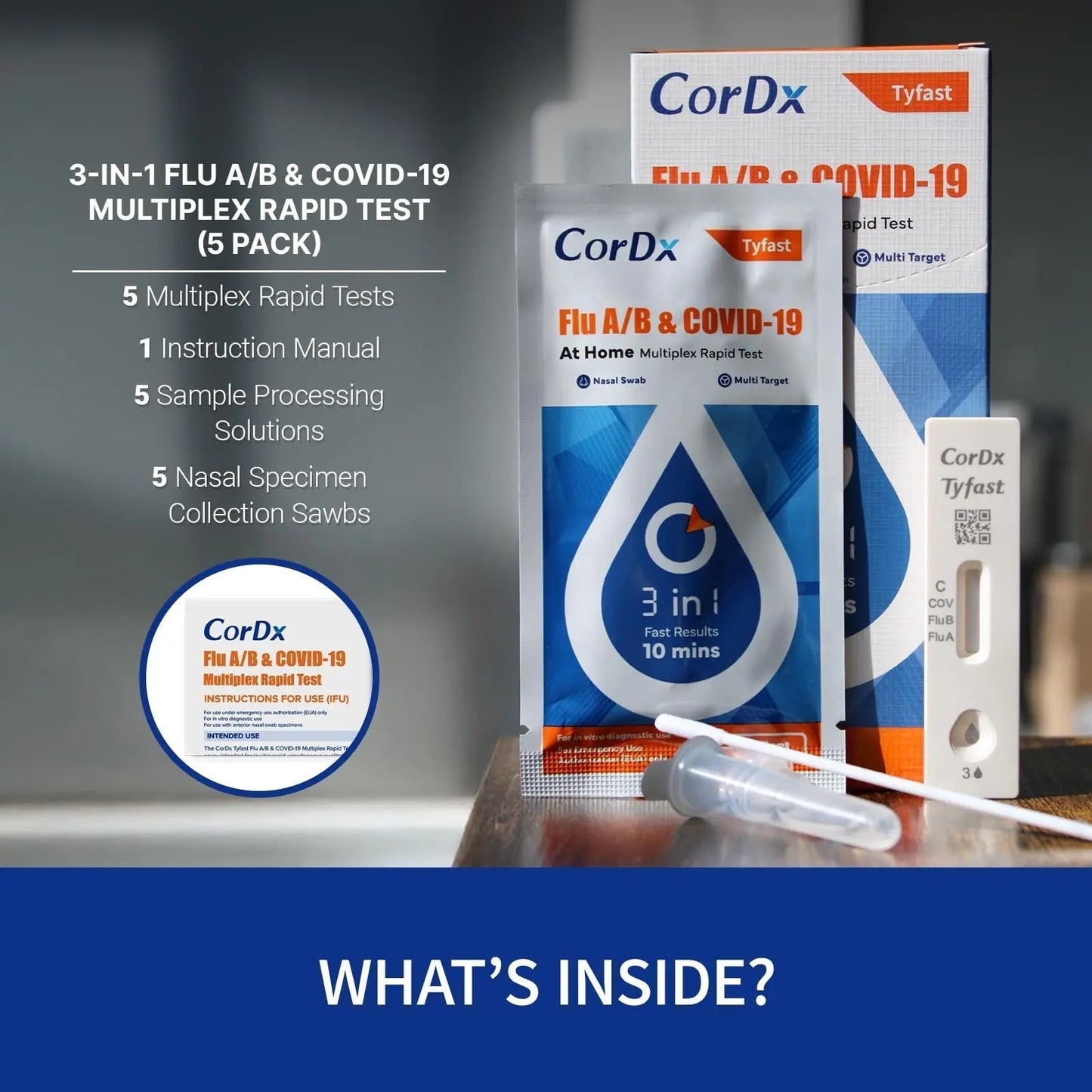 CorDx TyFast at Home Flu A/B & COVID-19 Multiplex Rapid Test Kit, Easy, Accurate, Fast Results in 10 Minutes, 3 in 1 Combo Kit, 5 Tests - Maple Wellness Supplements