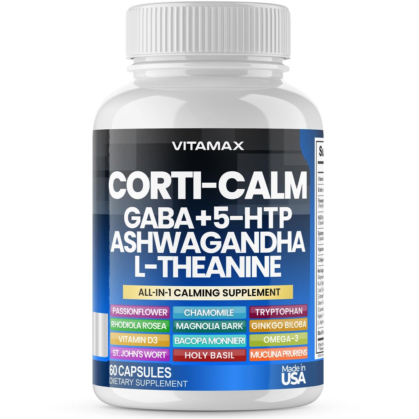 Corti-Calm Cortisol Supplement, L Theanine, Ashwagandha, Vitamin D 3, GABA for Relaxation, Fatigue & Focus with Ginkgo Biloba, Bacopa Monnieri, 5-HTP – Non-GMO, Made in USA – 60ct - Maple Wellness Supplements